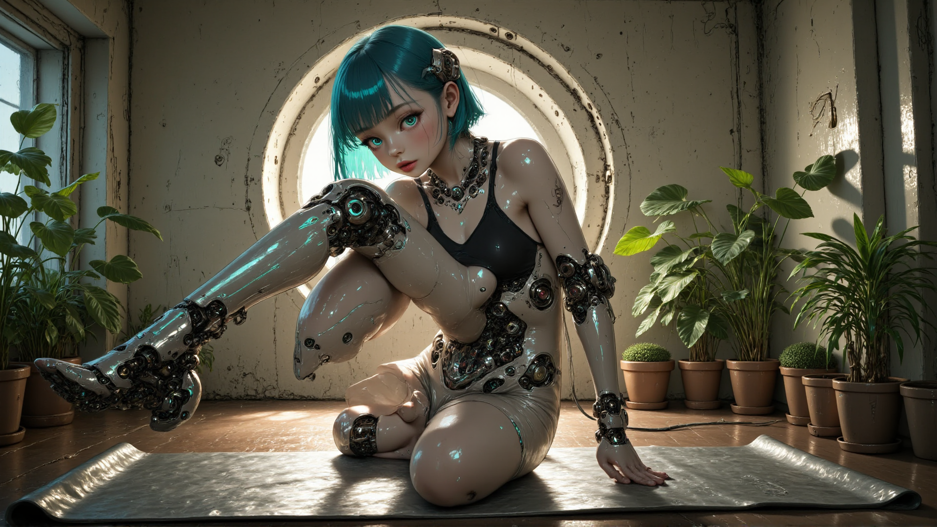 AI generated wallpaper featuring cyborg, girl, robot, plant, window, mat, pots, mechanical, skeleton, leg