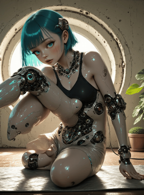 cyborg, girl, robot, plant, window, mat, pots, mechanical, skeleton, leg