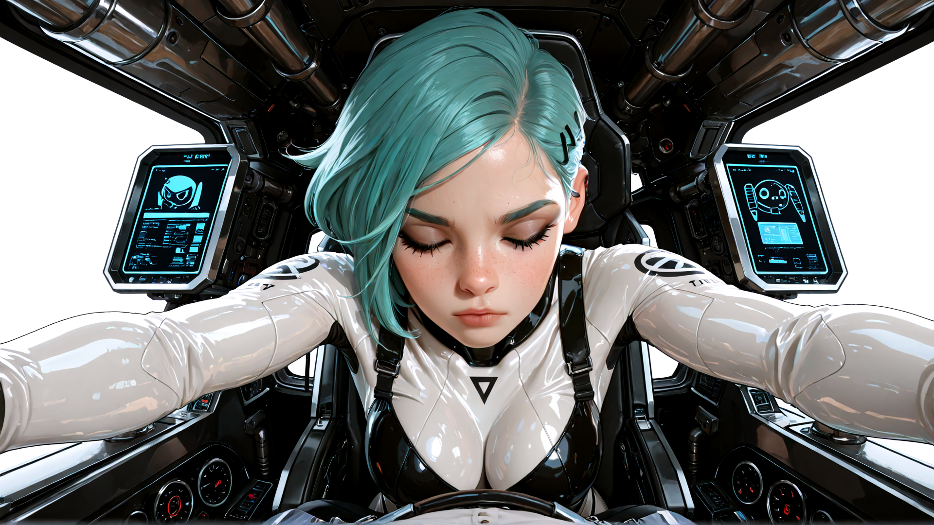 AI generated wallpaper featuring woman, pilot, robot, spaceship, cockpit, screen, helmet, gloves, seat, harness