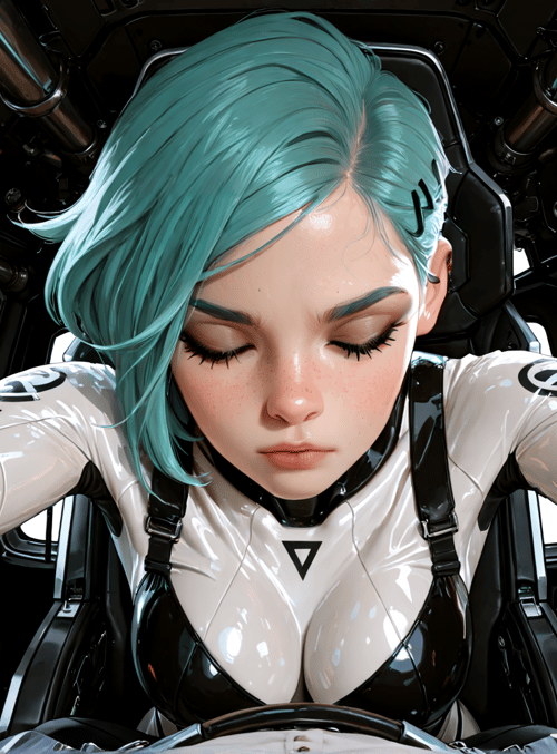 woman, pilot, robot, spaceship, cockpit, screen, helmet, gloves, seat, harness
