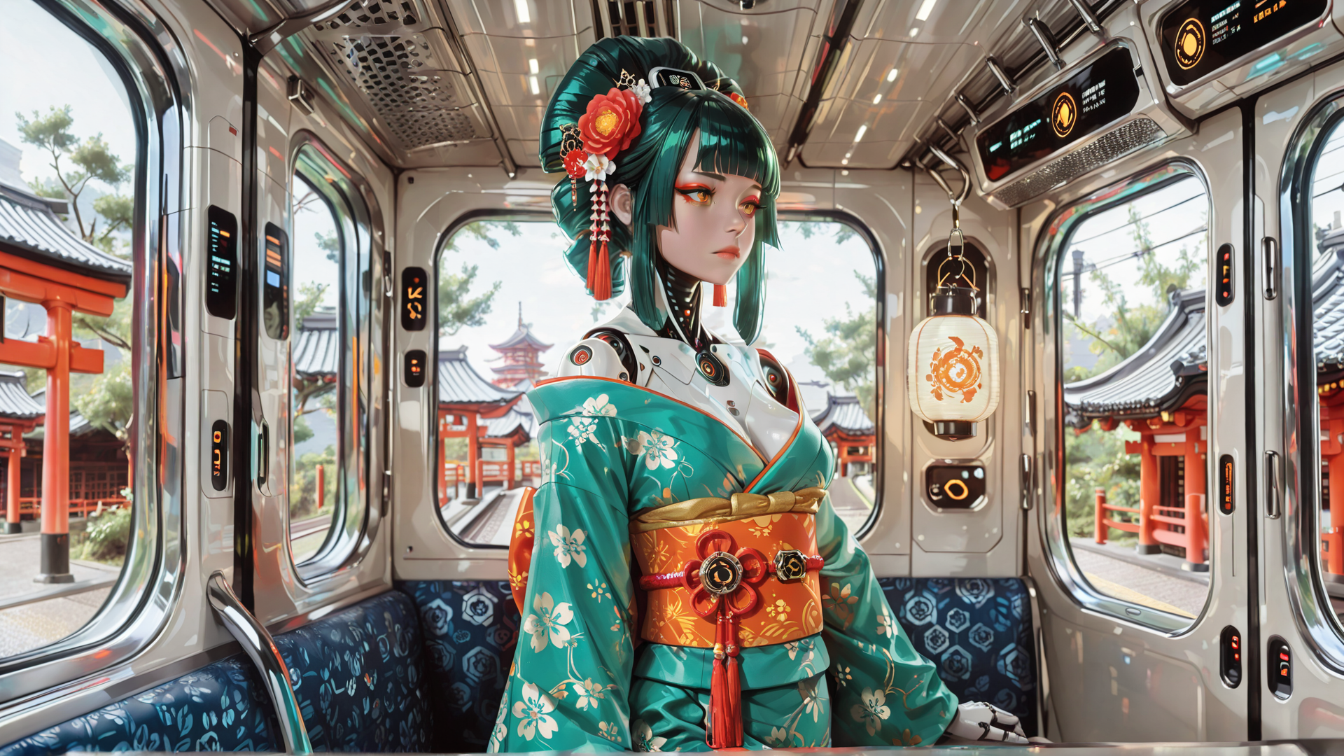 AI generated wallpaper featuring woman, train, kimono, robot, lantern, temple