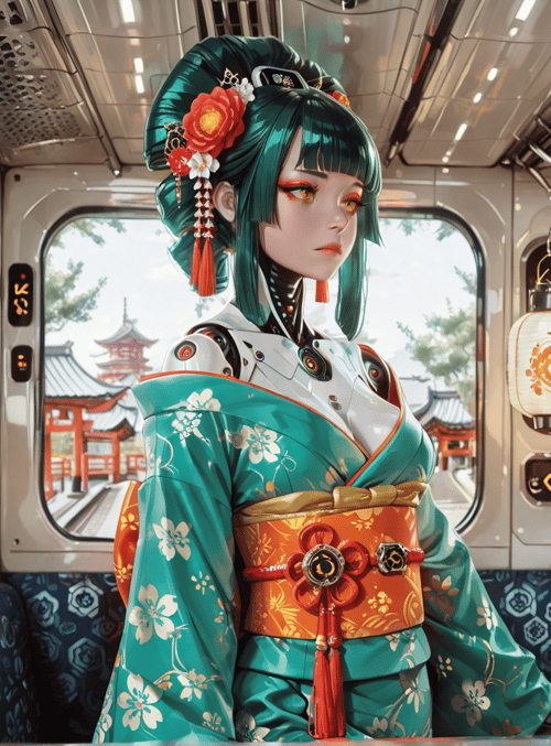 woman, train, kimono, robot, lantern, temple
