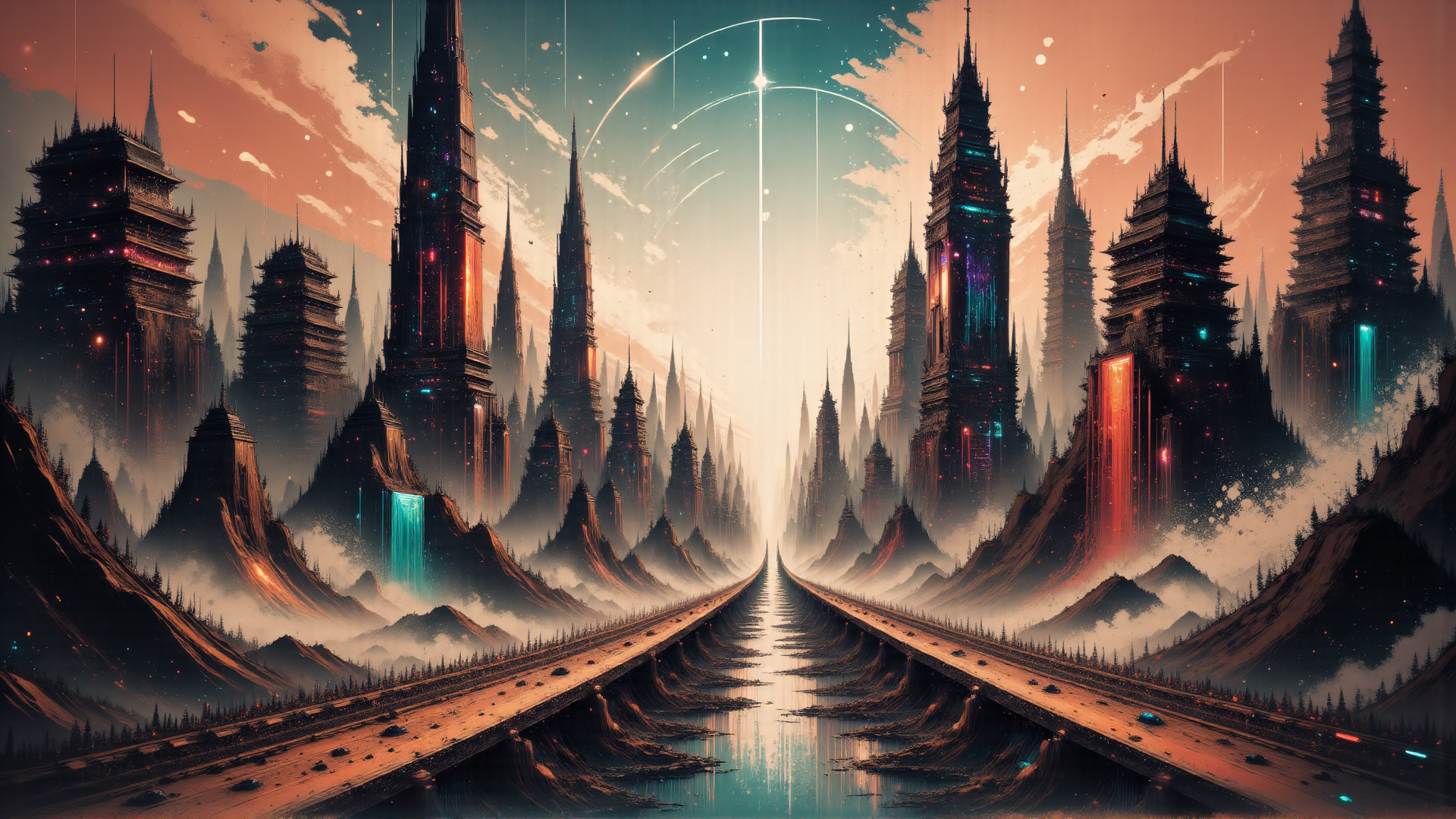 AI generated wallpaper featuring city, tower, mountain, road, sky, light, structure, building, landscaping, river