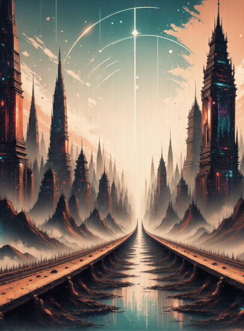 city, tower, mountain, road, sky, light, structure, building, landscaping, river