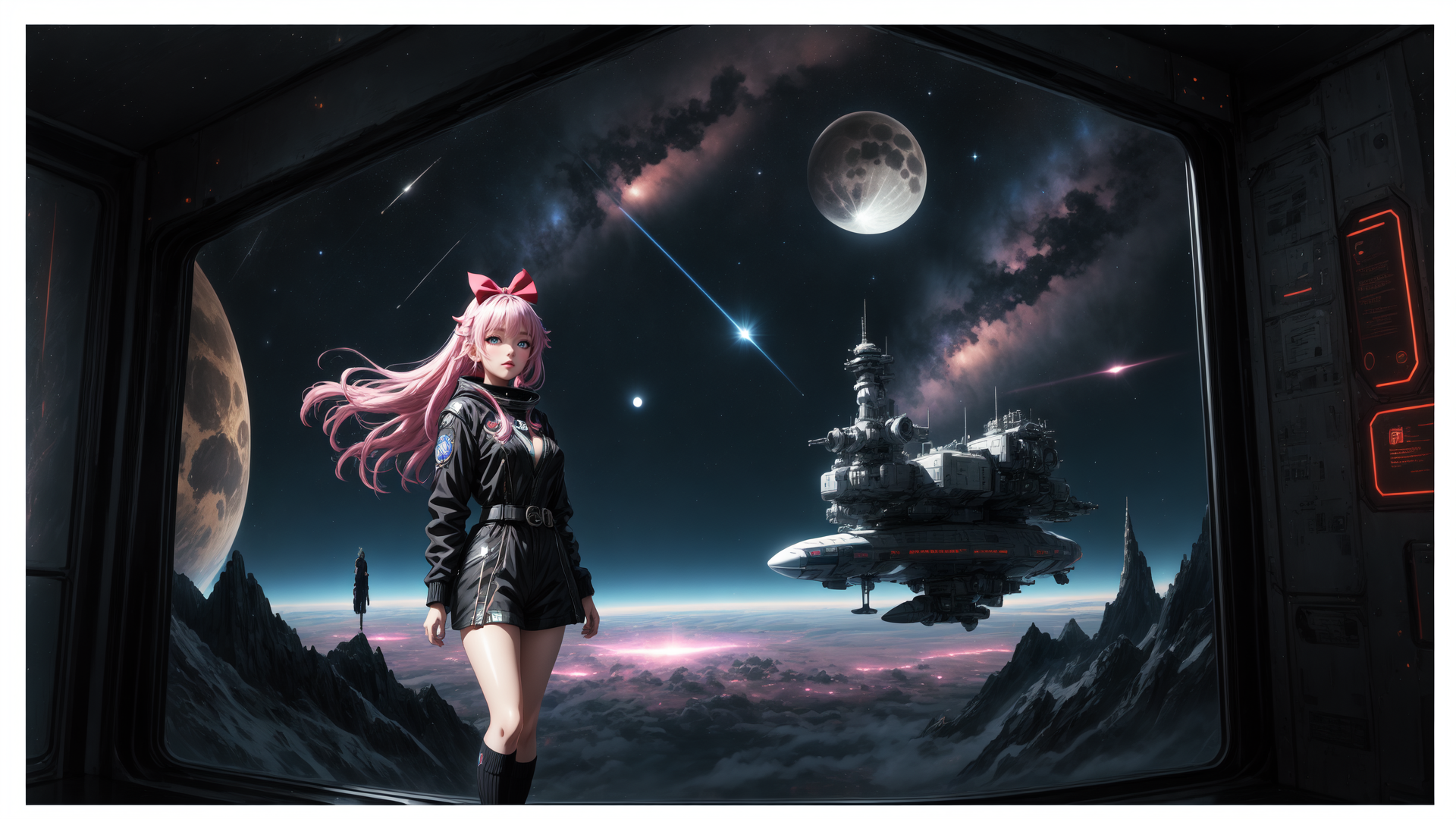 AI generated wallpaper featuring girl, spaceship, moon, mountain, star, nebula, bow, astronaut, cloud, planet