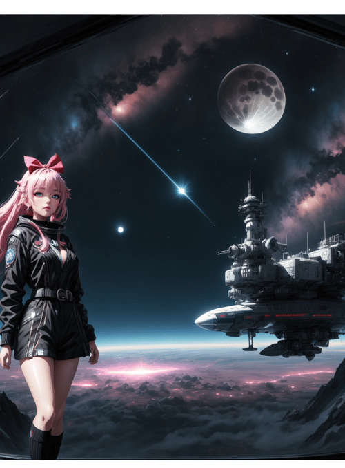 girl, spaceship, moon, mountain, star, nebula, bow, astronaut, cloud, planet