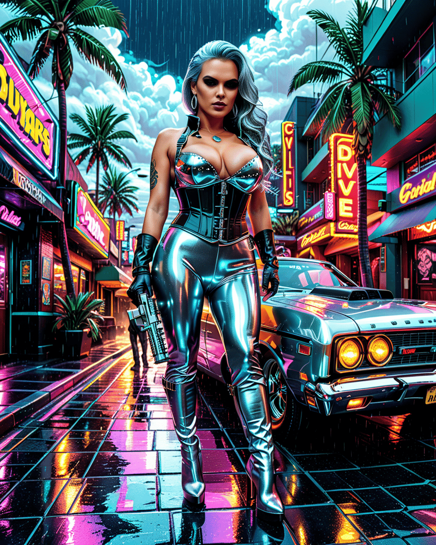 AI generated wallpaper featuring woman, car, neon