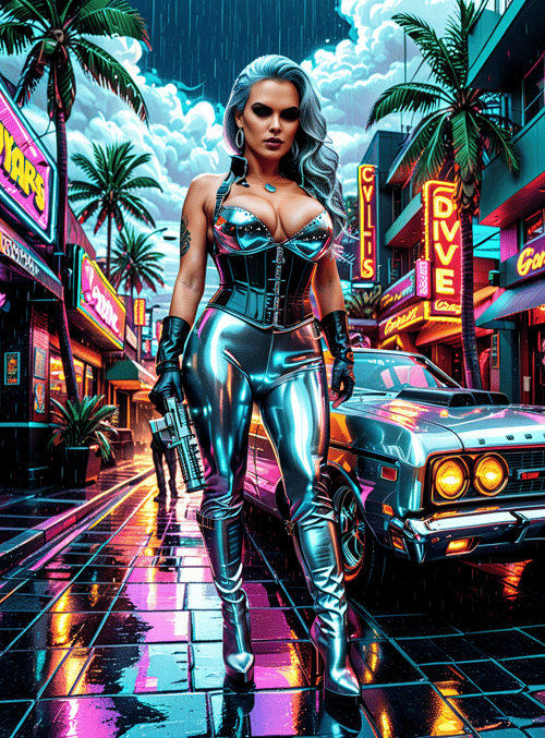 woman, car, neon