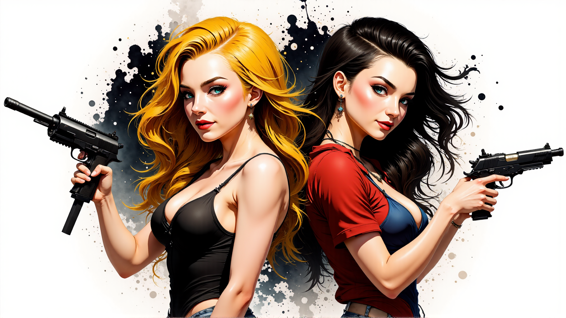AI generated wallpaper featuring women, guns, blonde, black, red, blue