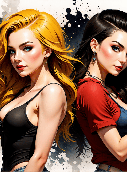 women, guns, blonde, black, red, blue