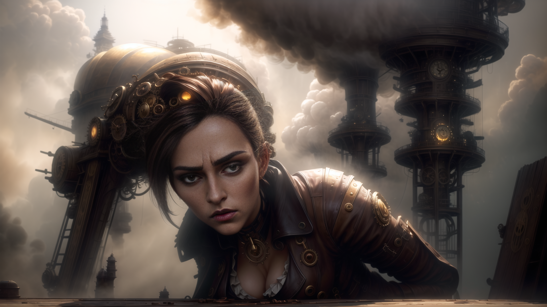 AI generated wallpaper featuring woman, steampunk, clock tower, gears, smoke