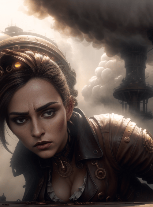 woman, steampunk, clock tower, gears, smoke