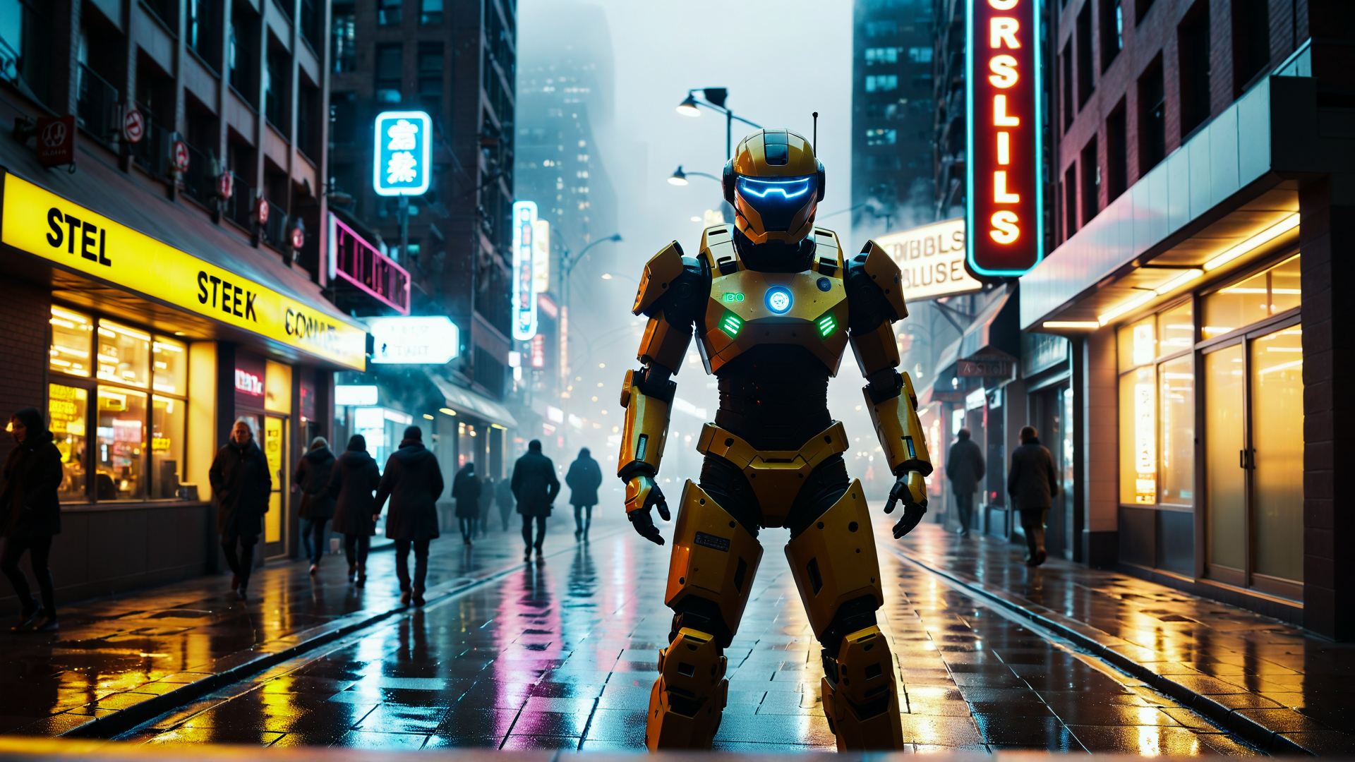 AI generated wallpaper featuring robot, city, neon