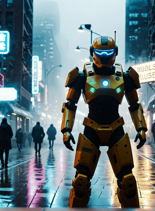 robot, city, neon