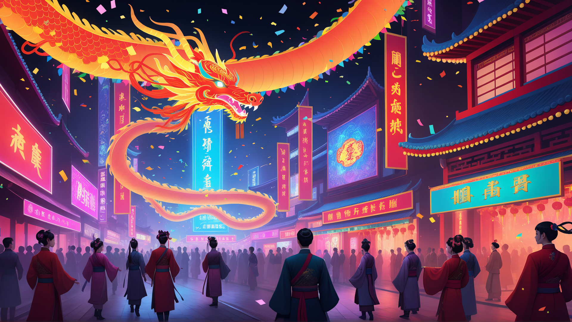AI generated wallpaper featuring dragon, people, traditional buildings, banners, confetti, lanterns, street, signs, costumes, neon lights