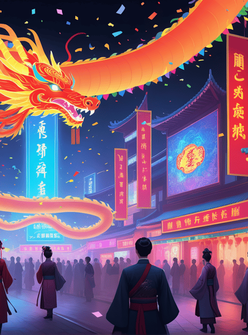 dragon, people, traditional buildings, banners, confetti, lanterns, street, signs, costumes, neon lights