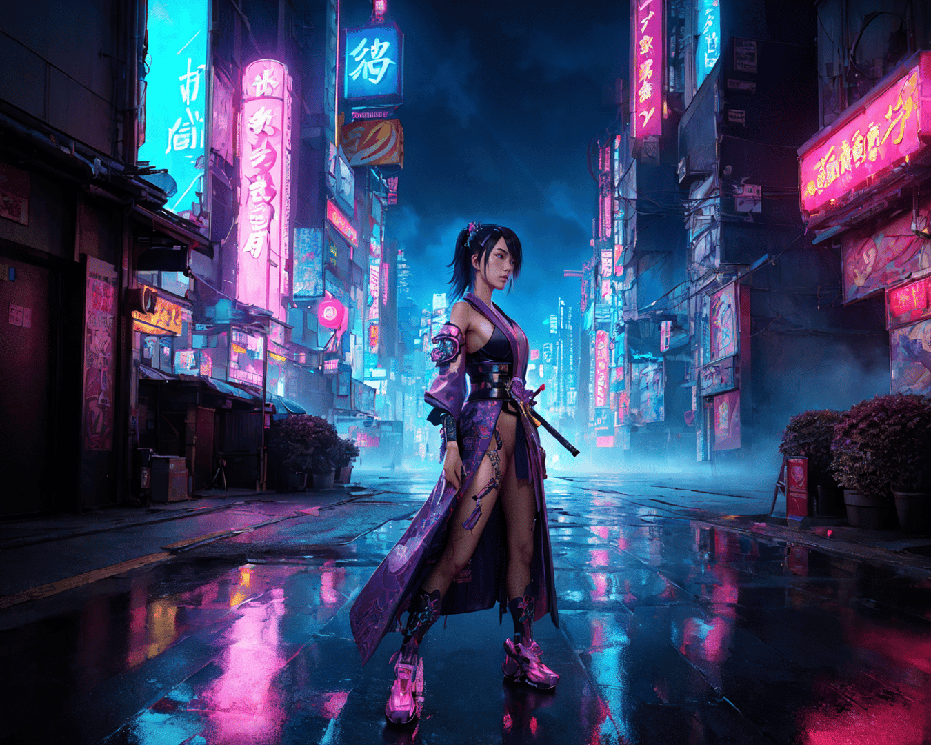 AI generated wallpaper featuring woman, swordsman, cyberpunk