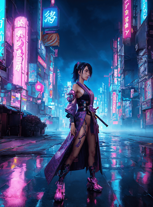 woman, swordsman, cyberpunk