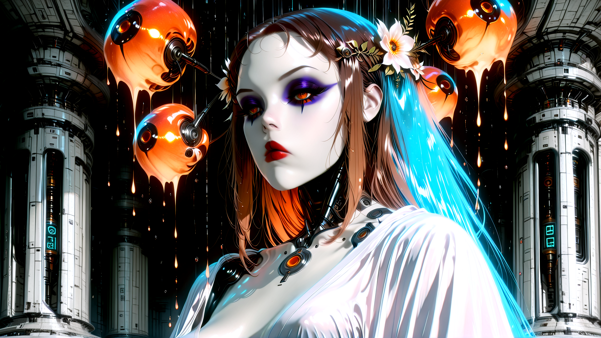 AI generated wallpaper featuring cyborg, woman, flowers, spheres, gears