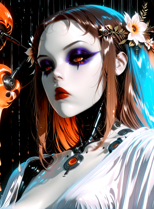 cyborg, woman, flowers, spheres, gears