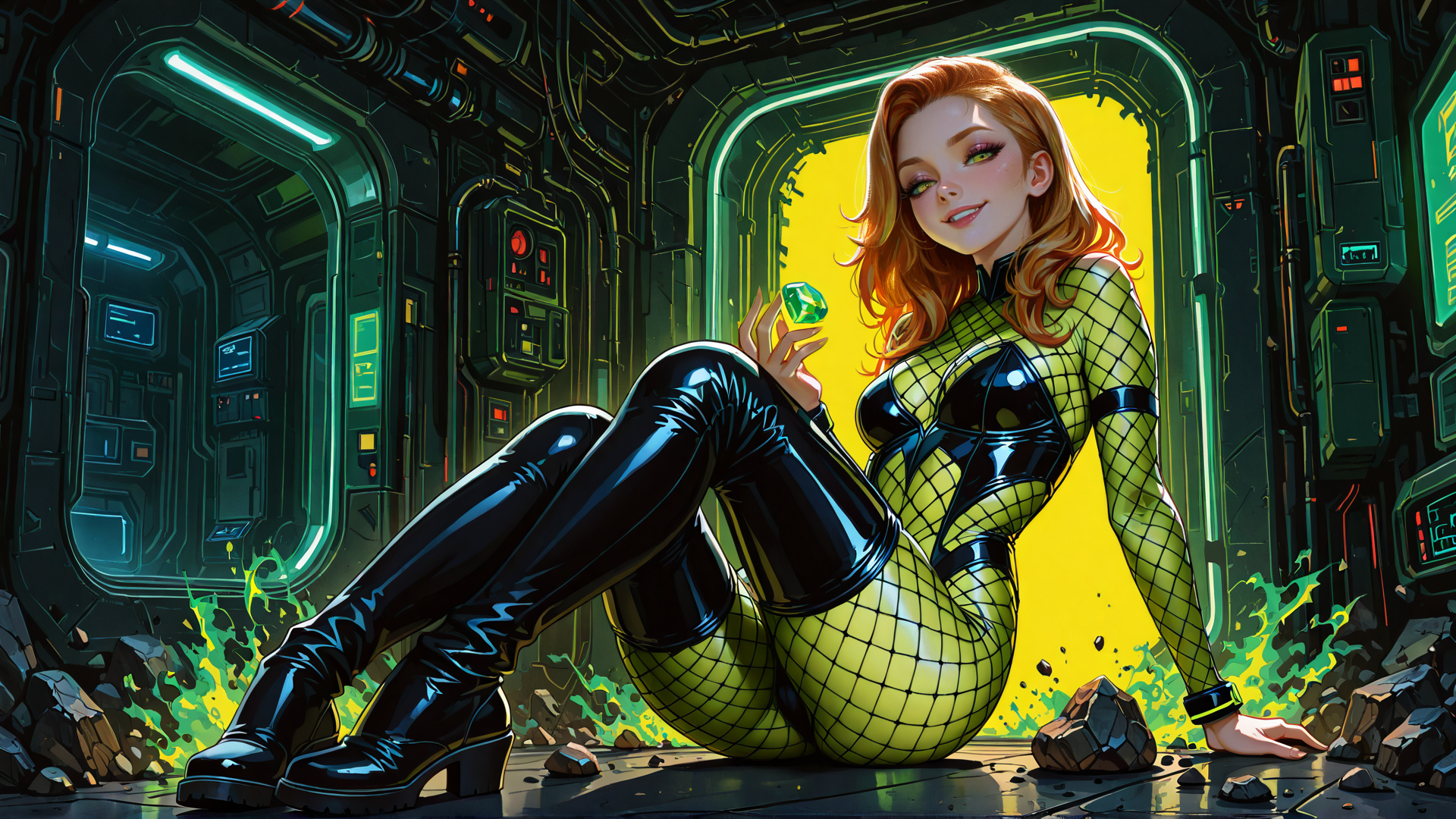 AI generated wallpaper featuring woman, gem, spaceship
