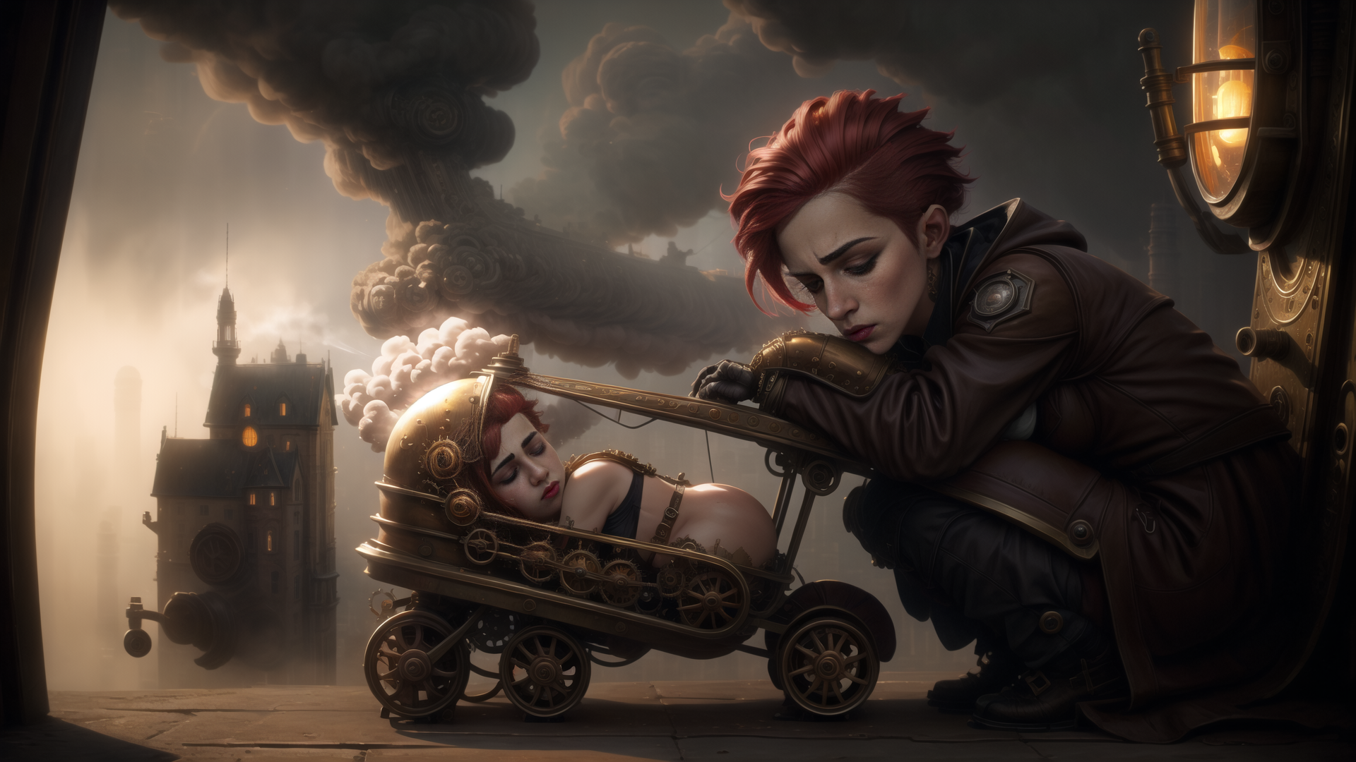 AI generated wallpaper featuring woman, infant, steampunk, cart, city