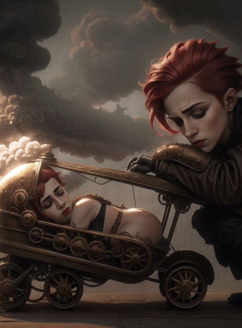 woman, infant, steampunk, cart, city