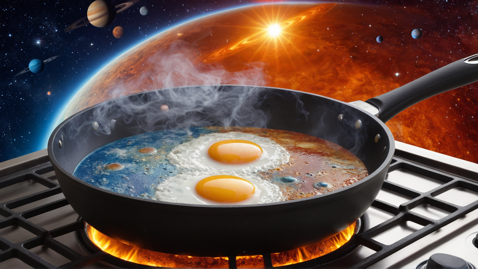 AI generated wallpaper featuring pan, eggs, planets