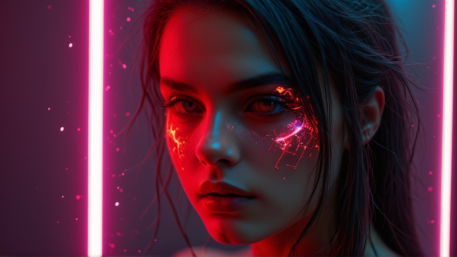 AI generated wallpaper featuring woman, neon, face, hair