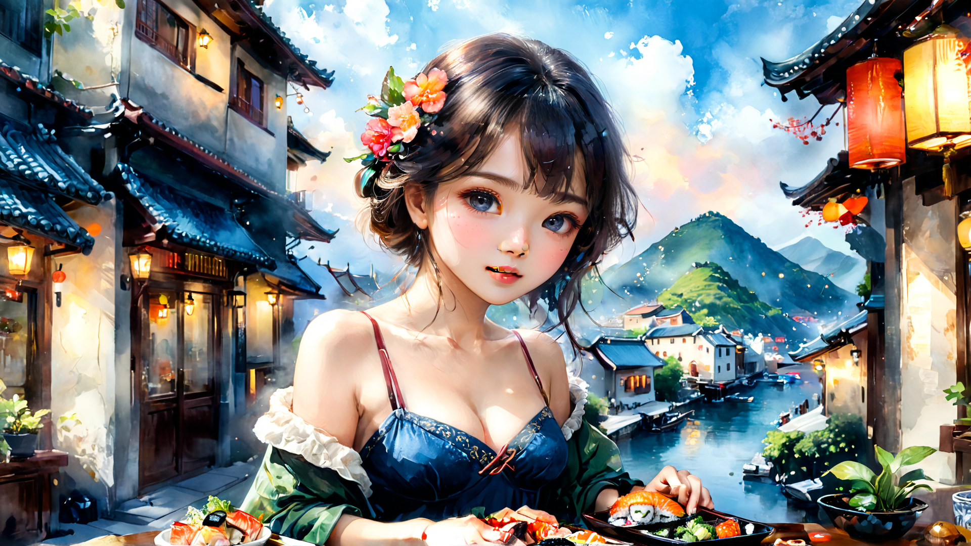 AI generated wallpaper featuring girl, sushi, water town