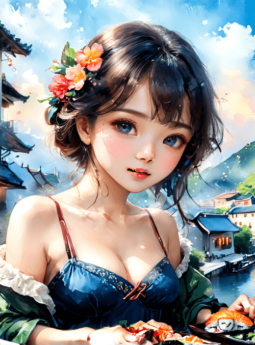 girl, sushi, water town