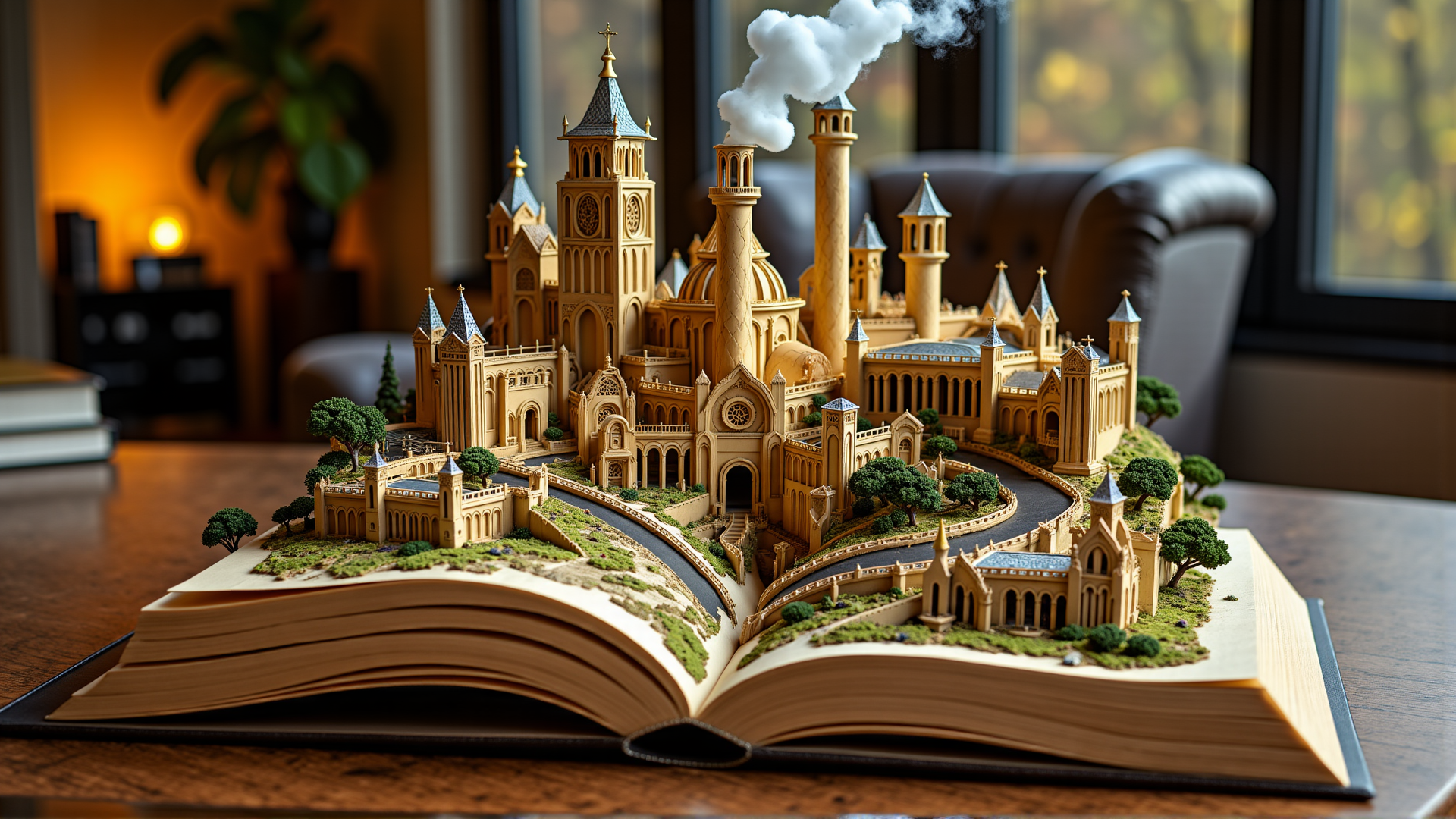 AI generated wallpaper featuring castle, book, model, trees, chapel, towers, church, cathedral, garden, smoke