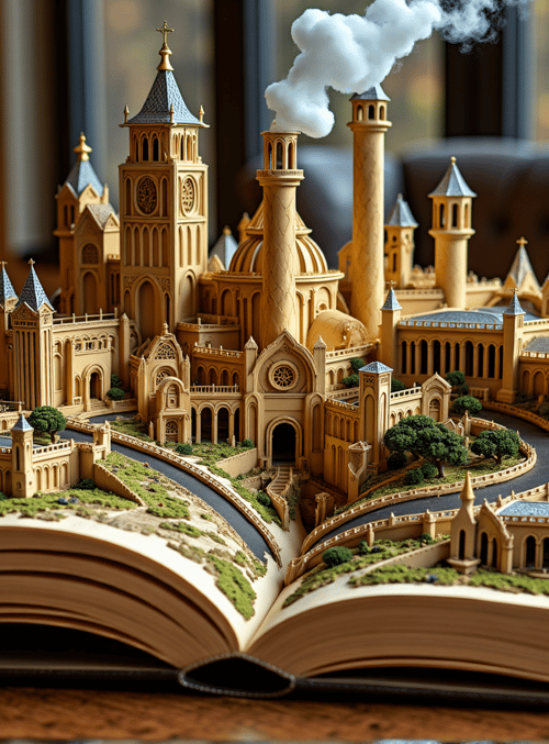 castle, book, model, trees, chapel, towers, church, cathedral, garden, smoke