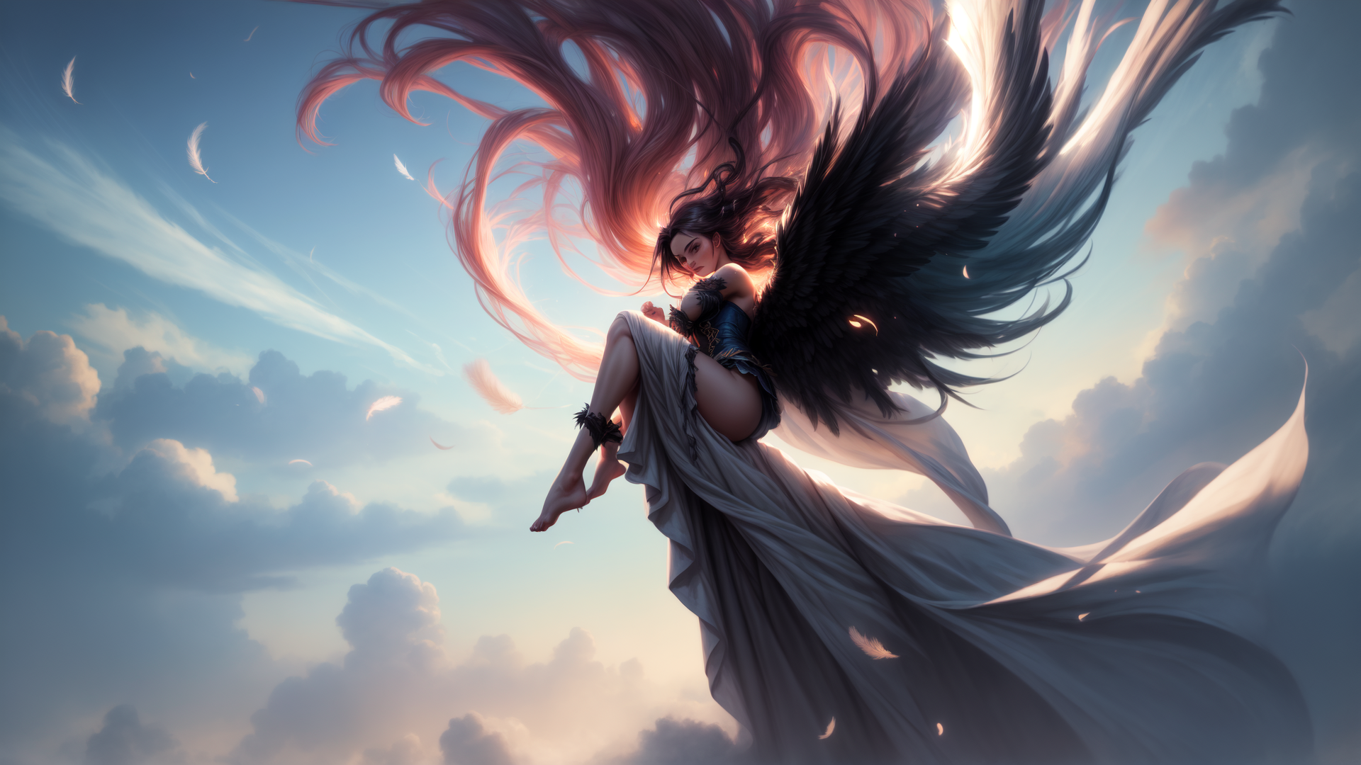 AI generated wallpaper featuring angel, woman, feathers