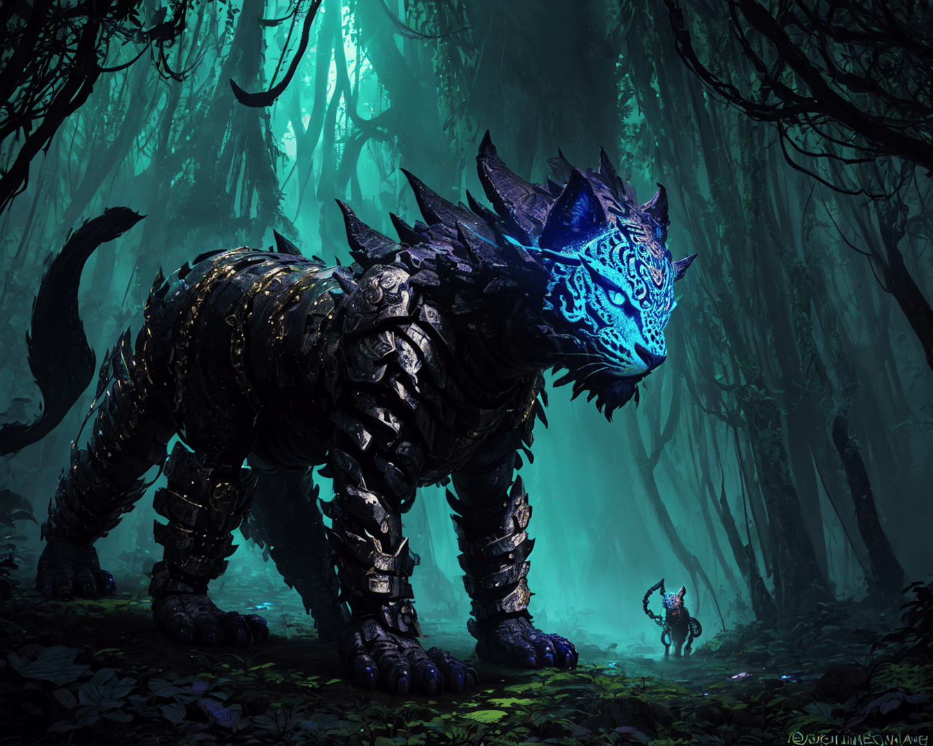 AI generated wallpaper featuring mechanical tiger, small creature
