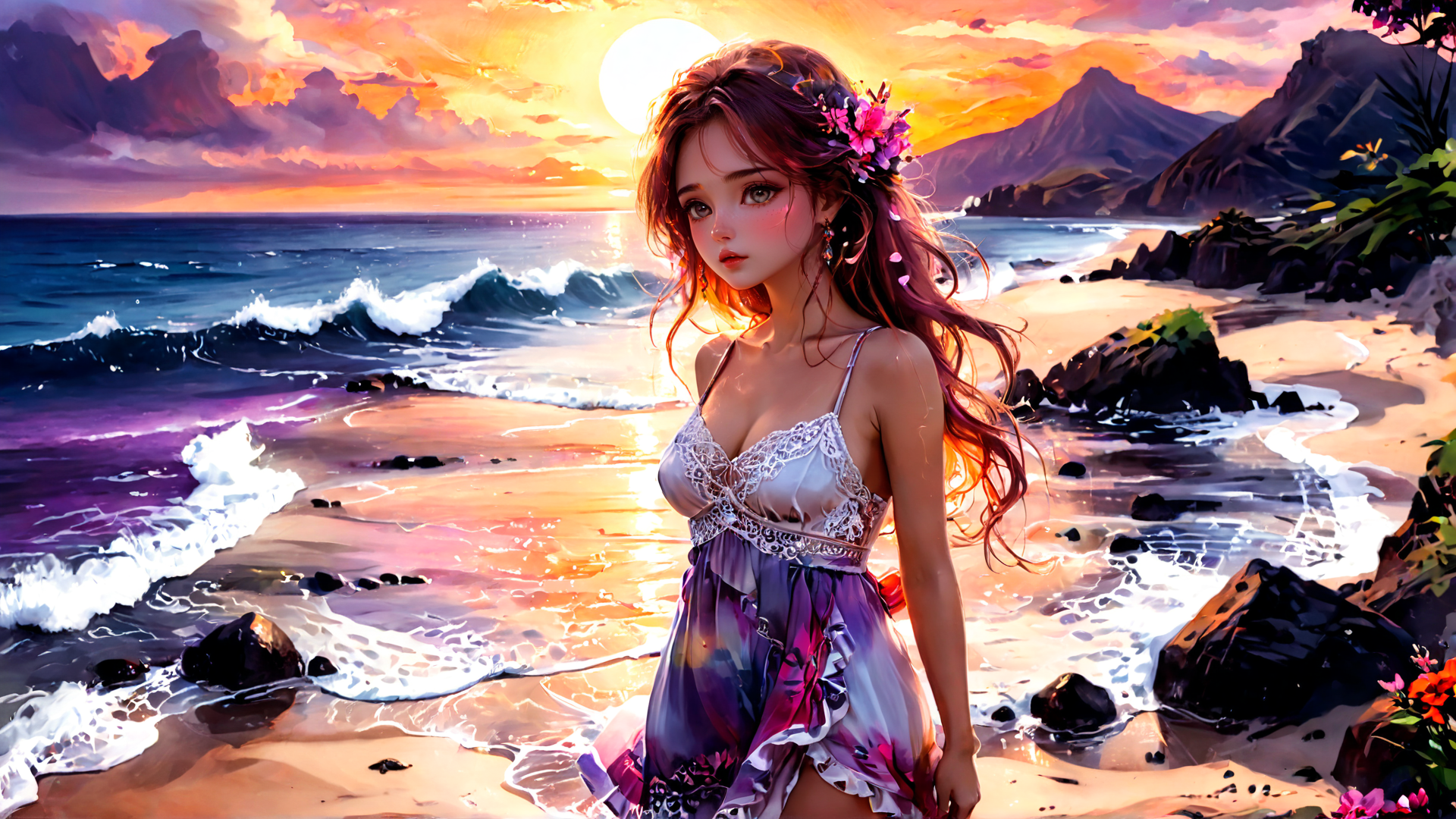 AI generated wallpaper featuring woman, beach, sunset
