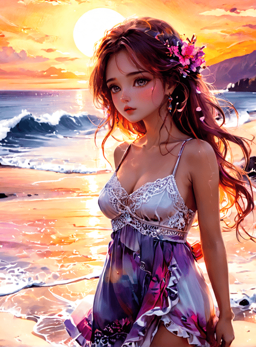 woman, beach, sunset