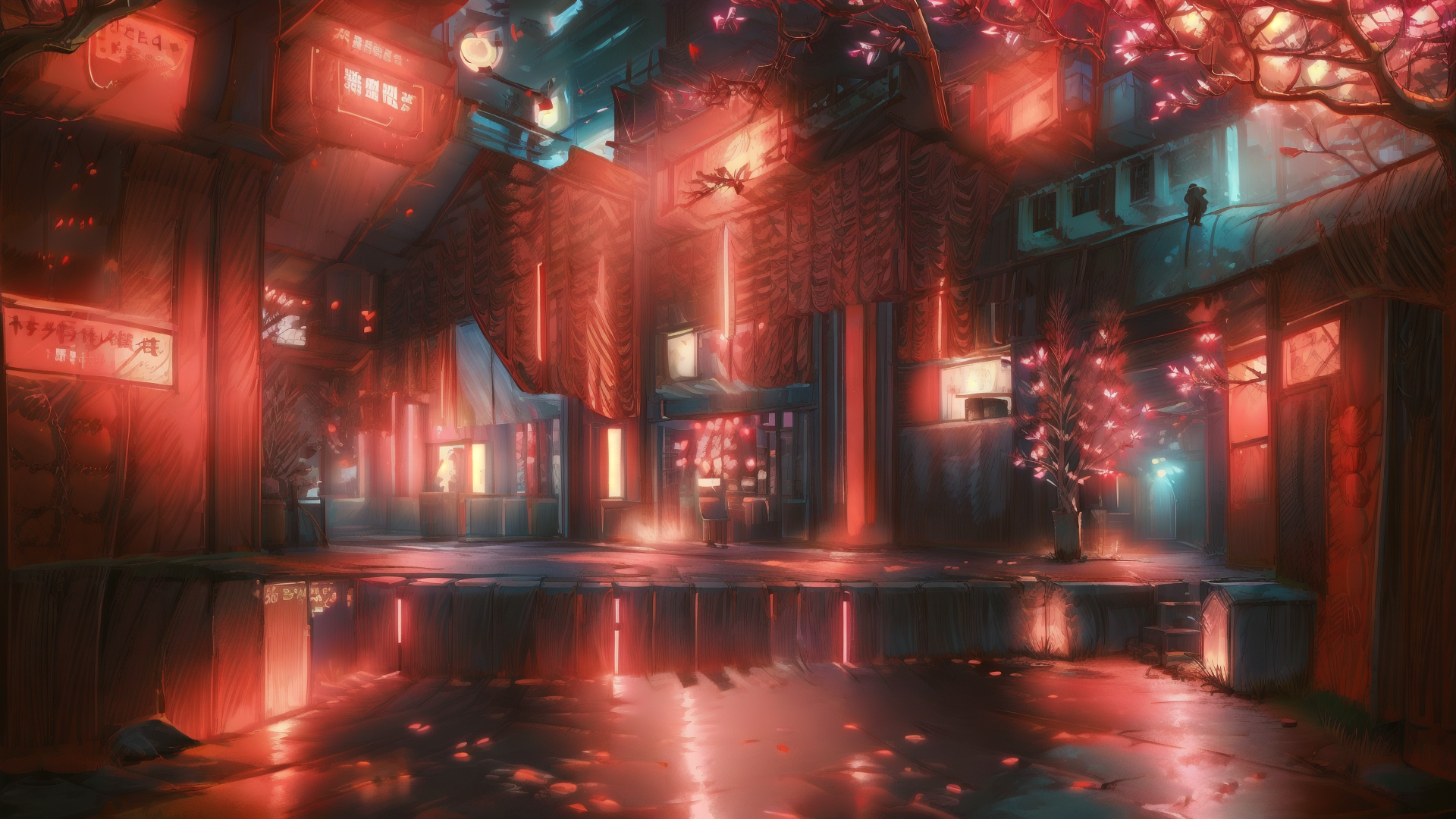 AI generated wallpaper featuring street, trees, buildings