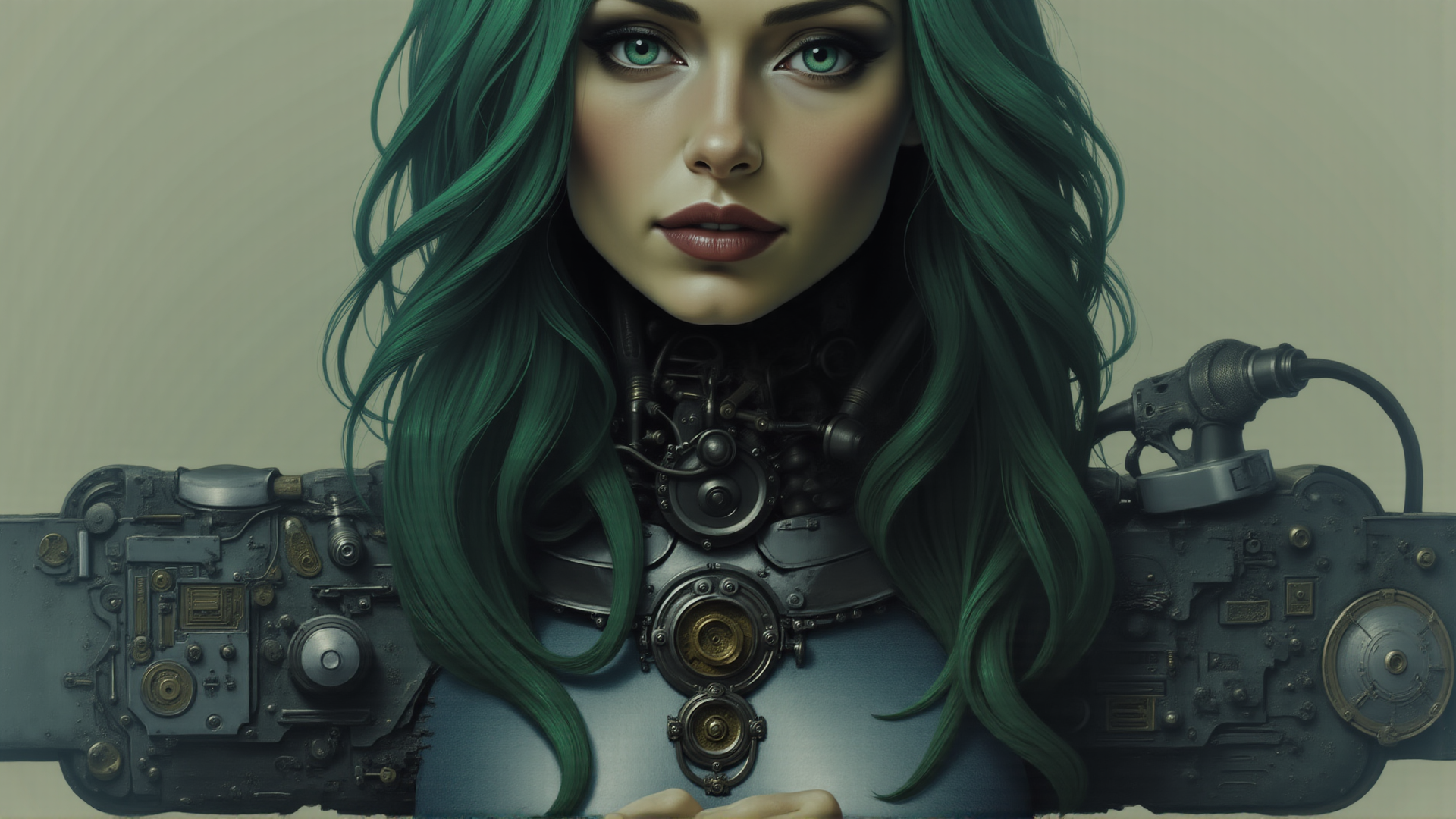 AI generated wallpaper featuring cyborg, woman, mechanical, gears, microphone, hair
