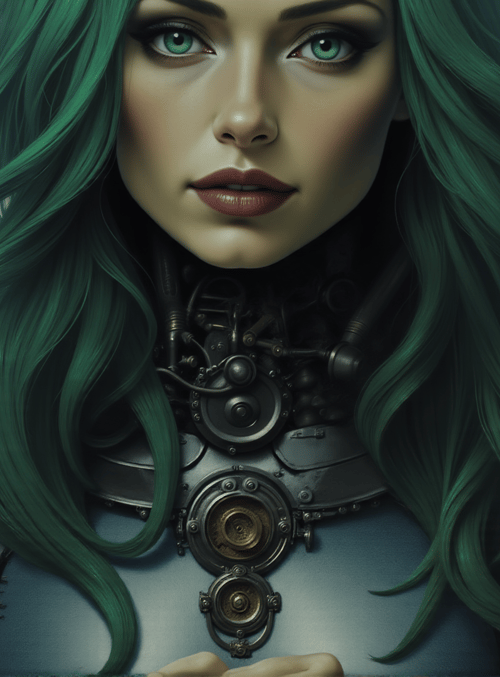 cyborg, woman, mechanical, gears, microphone, hair