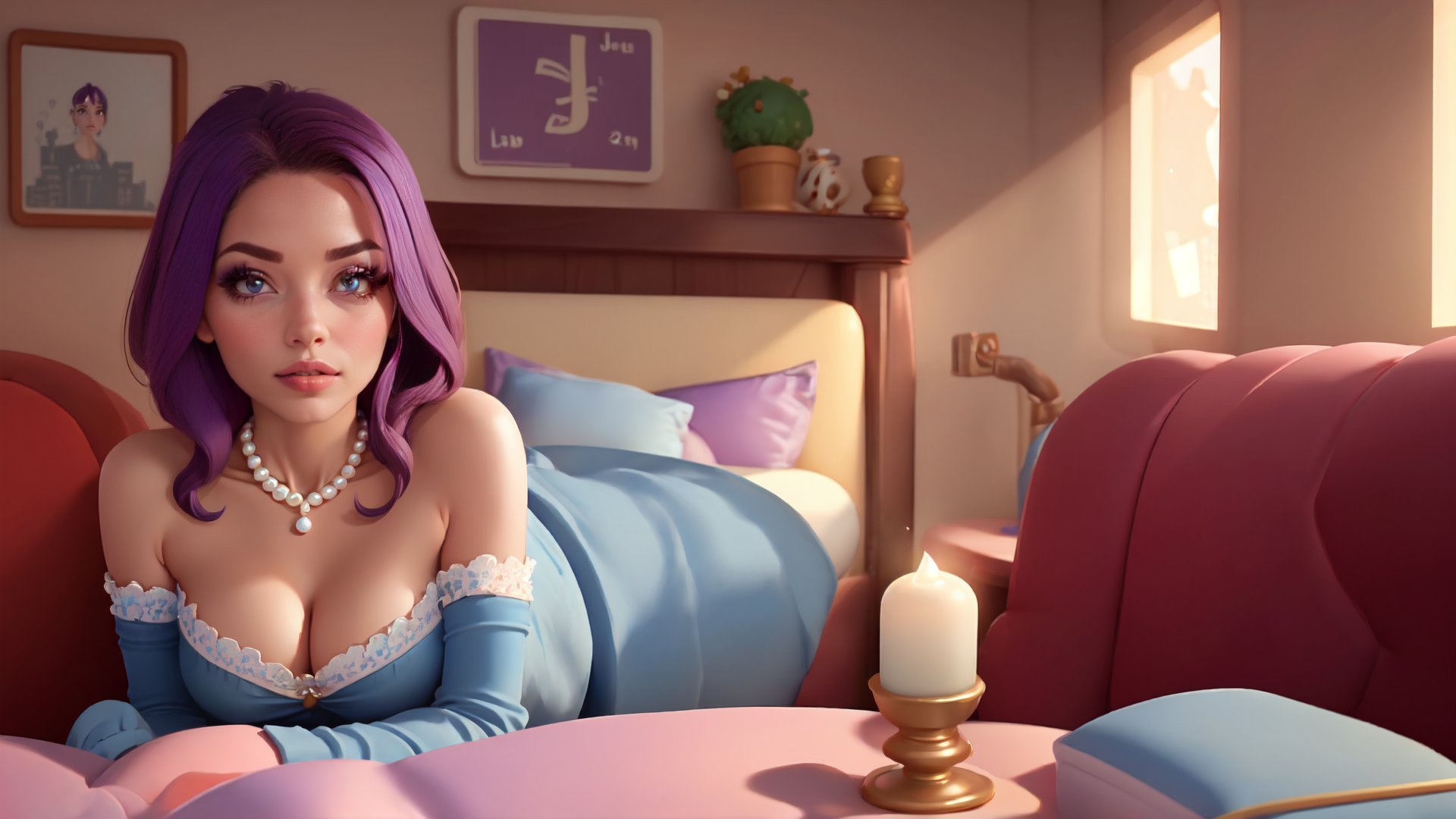 AI generated wallpaper featuring woman, bedroom, candle