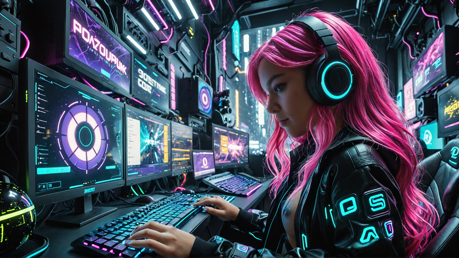 AI generated wallpaper featuring gamer, woman, headphones