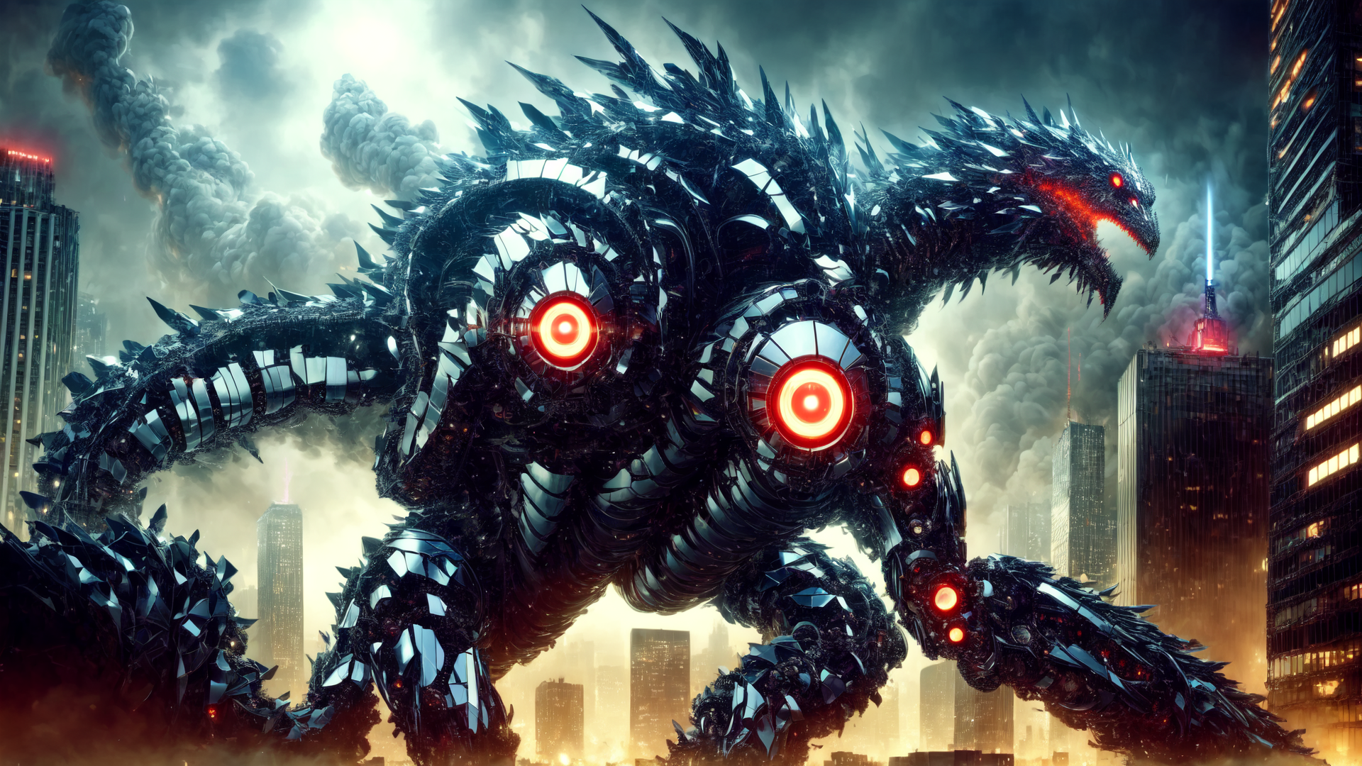 AI generated wallpaper featuring robot, dragon, giant, city, building