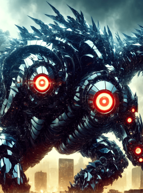 robot, dragon, giant, city, building