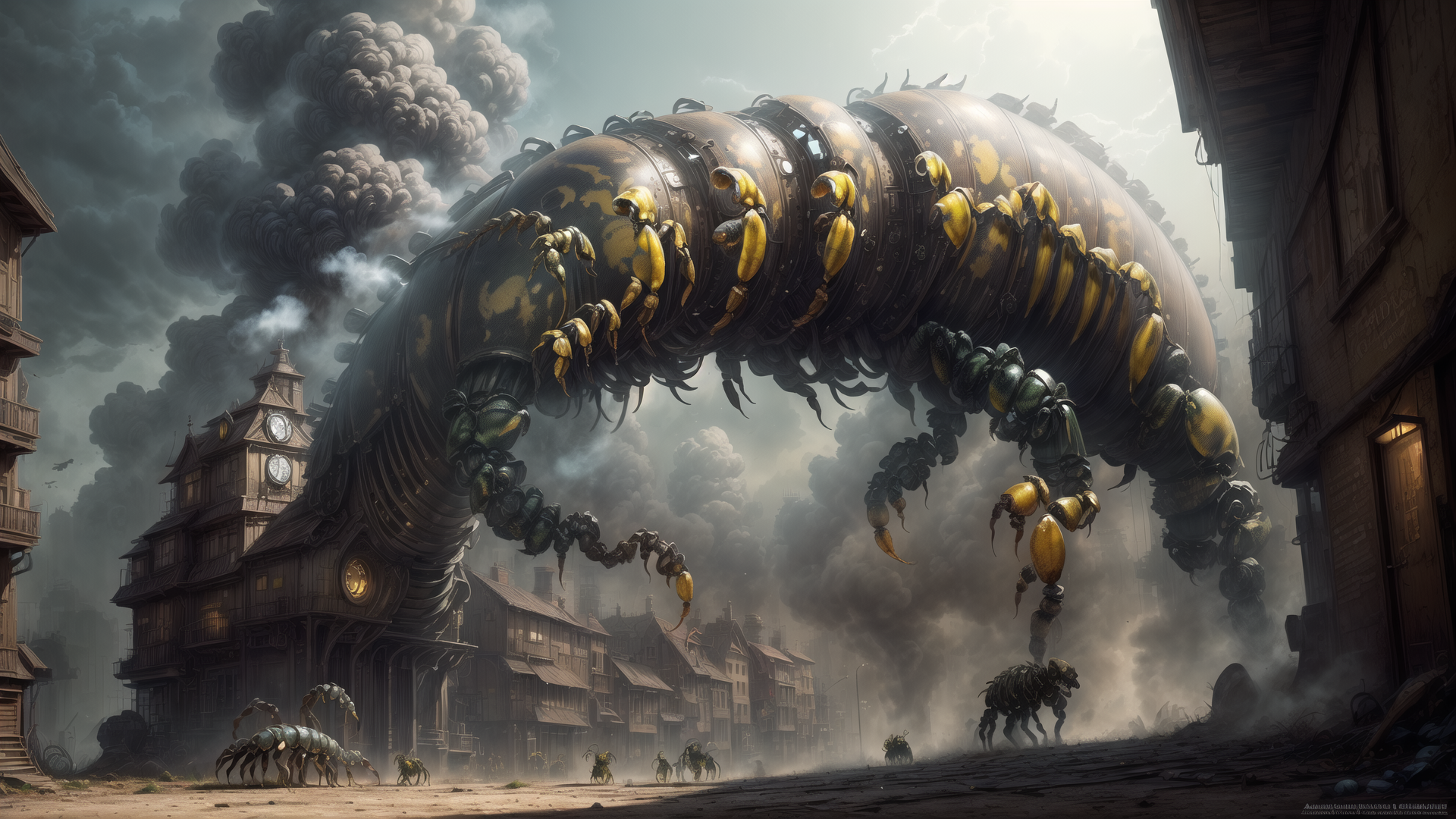 AI generated wallpaper featuring mechanical insect, cityscape, steampunk