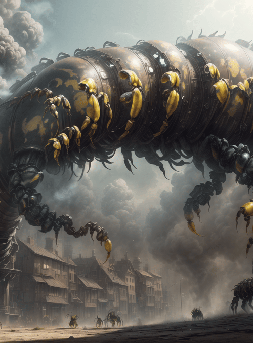 mechanical insect, cityscape, steampunk