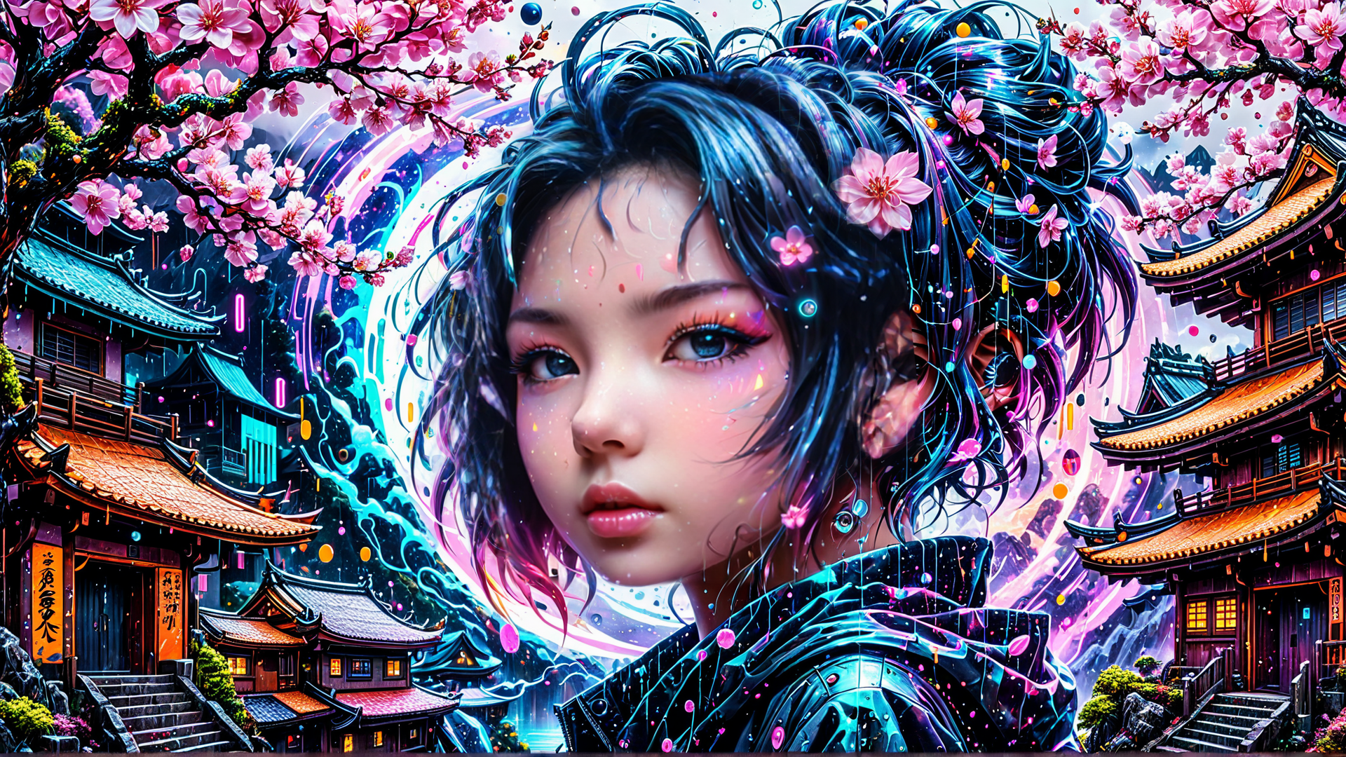 AI generated wallpaper featuring girl, cherry blossoms, traditional buildings