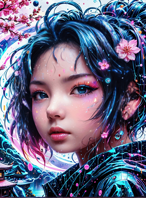 girl, cherry blossoms, traditional buildings