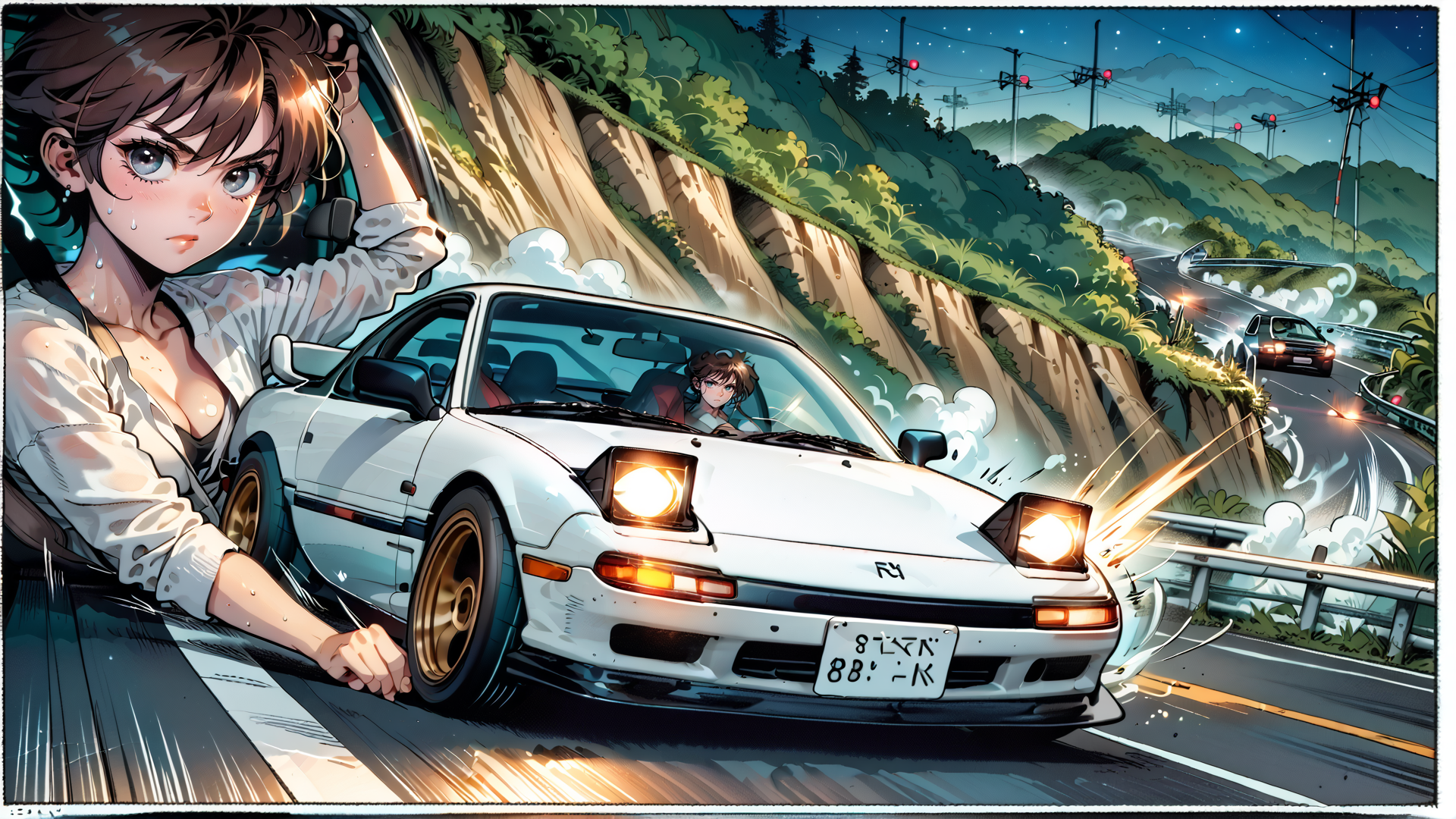 AI generated wallpaper featuring girl, car, road, mountain, night, driving, speed, light, tire, nissan