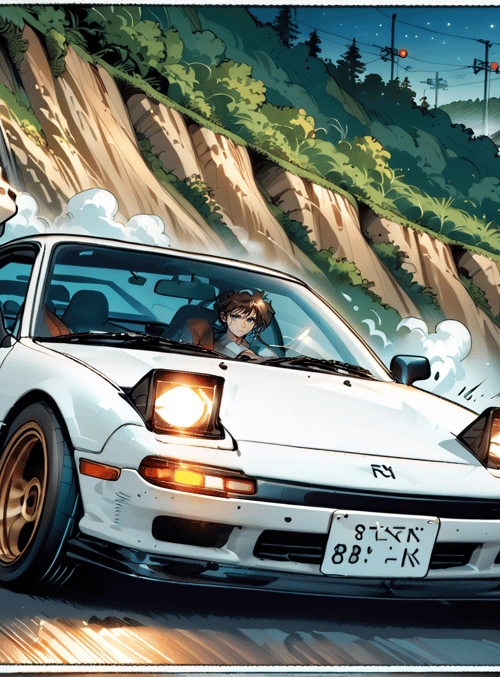 girl, car, road, mountain, night, driving, speed, light, tire, nissan